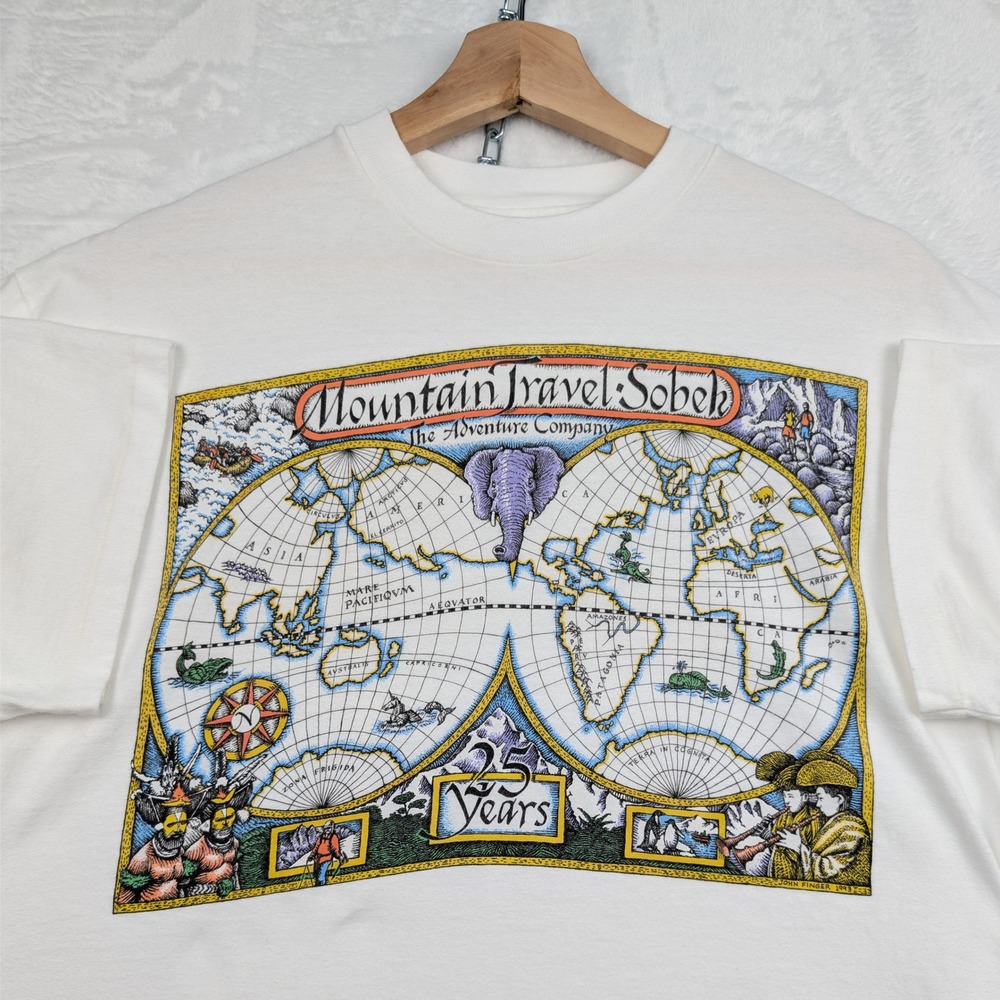 VTG Hanes Beefy T-Shirt Mens L Old White World Map Single Stitch USA Art 90s